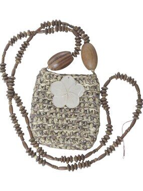 Vintage Boho Mini Bag Wooden Bead Strap Pearlescent Flower Accent Neutral